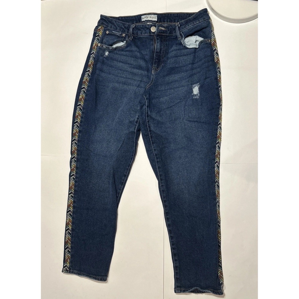 Knox Rose Skinny Jeans Womens Size 10 Side Embroidery Mid Rise Dark Blue Denim